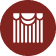 Red circle with white theatrical curtains icon.